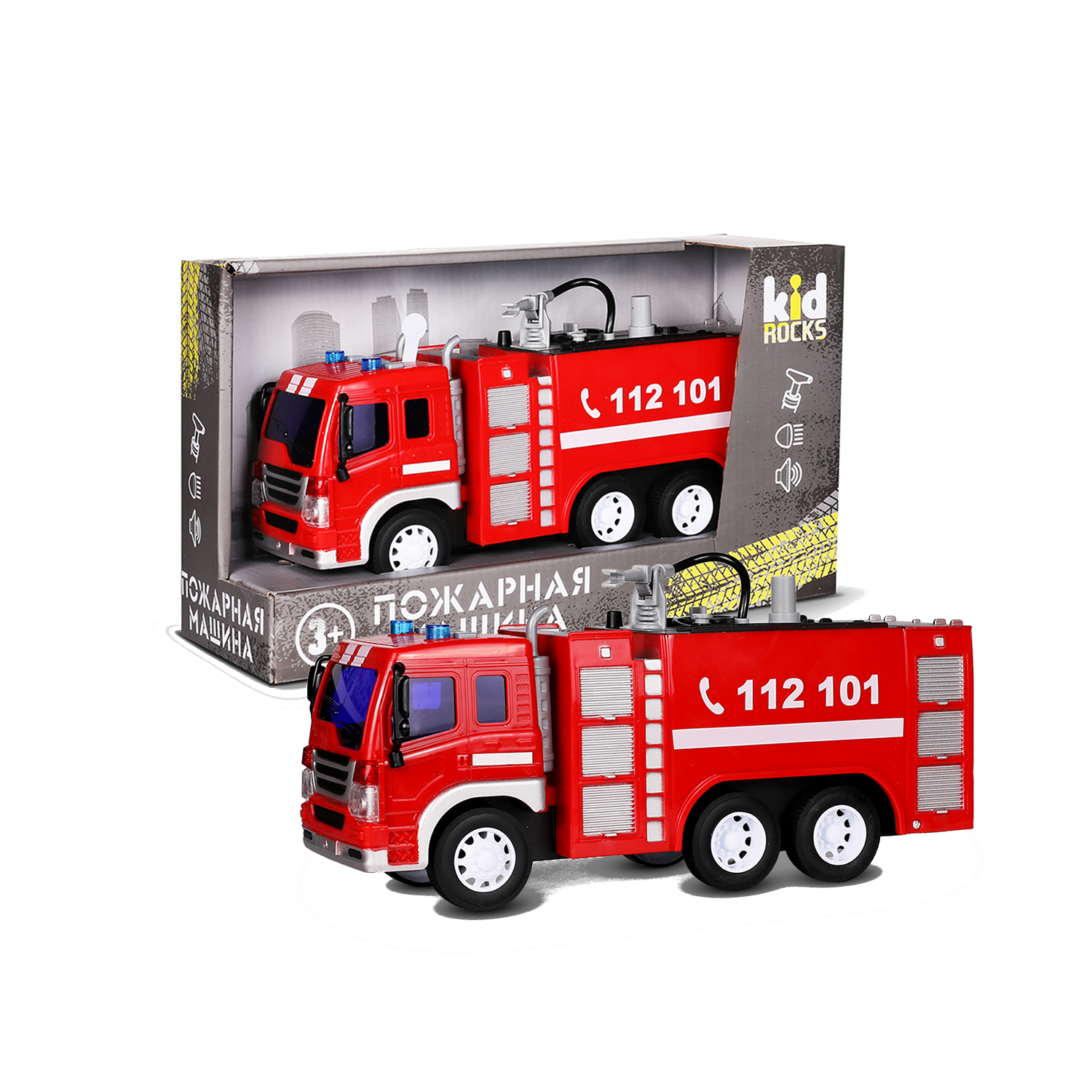 Пожарная машина игрушечная KID ROCKS 1:16 со звуком и светом инерционный— магазин-салютов.рус